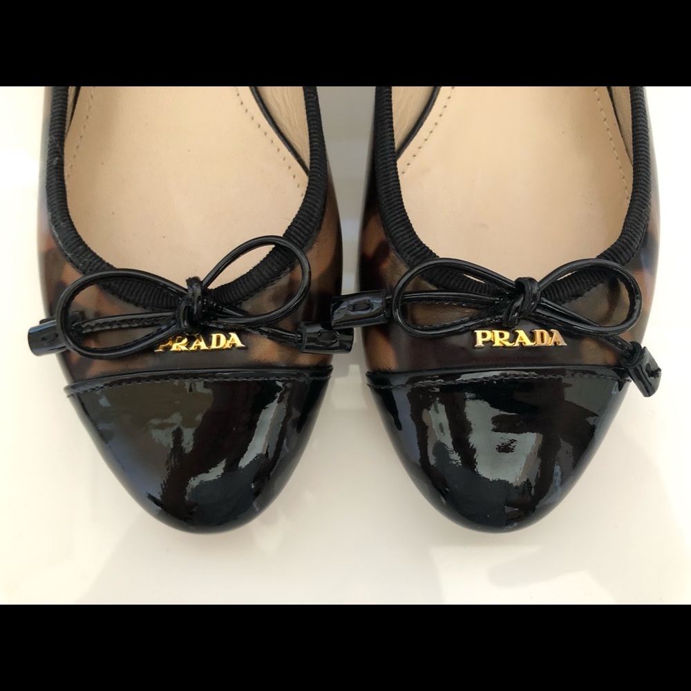 Prada Leopard Print Black Bow Cap Toe Ballet Flat